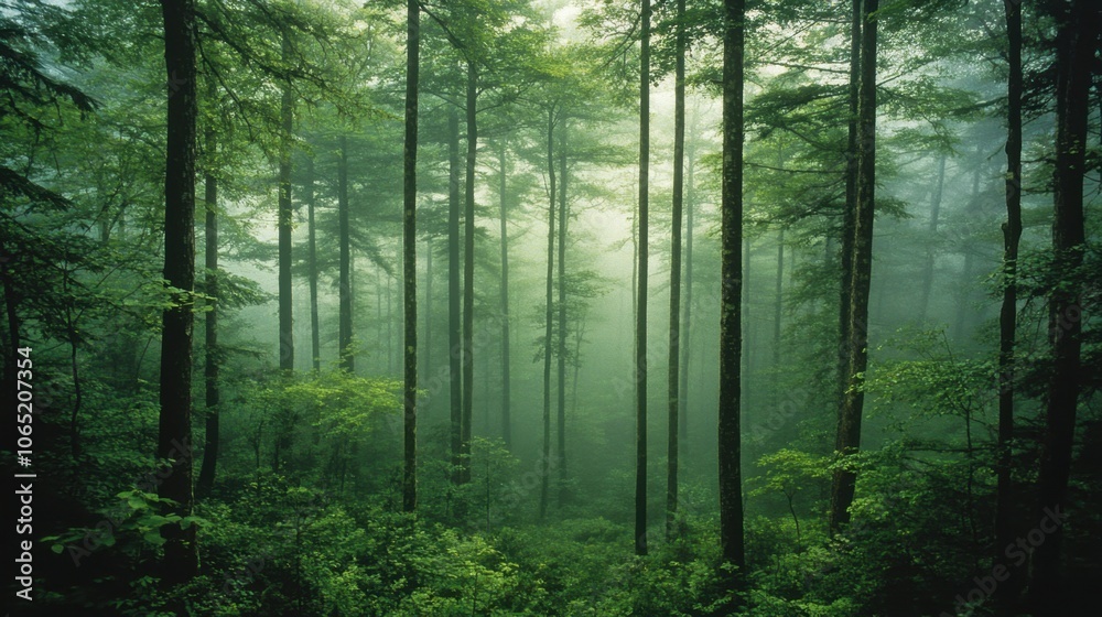 Obraz premium Dense misty forest with tall trees and negative space between branches, capturing light and shadow interplay.