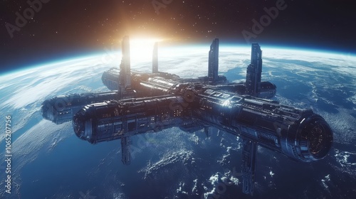 Wallpaper Mural Futuristic Space Station Orbiting Earth at Dawn Torontodigital.ca