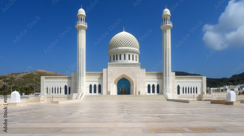 Fototapeta premium Majestic Mosque with Golden Dome and Minarets Against Clear Blue Sky