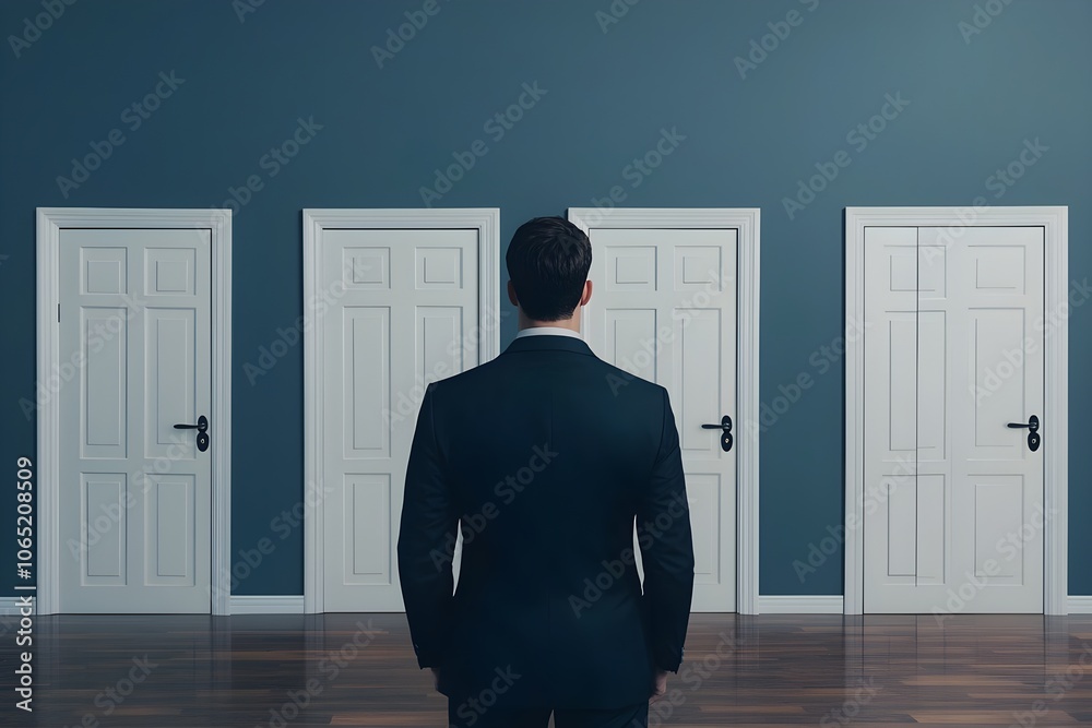 Fototapeta premium Businessman Contemplating Choices in Front of Doors