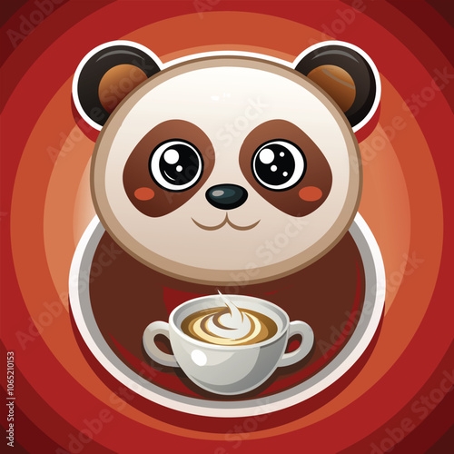 A cute cartoon panda character enjoys a cup of coffee with a teddy bear toy