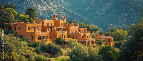 Pueblostyle adobe buildings, warm tones, natural landscape with greenery photo