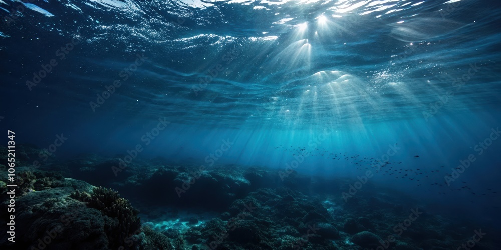 Obraz premium Sunbeams Illuminate a School of Fish Swimming Over a Coral Reef in the Ocean Depths