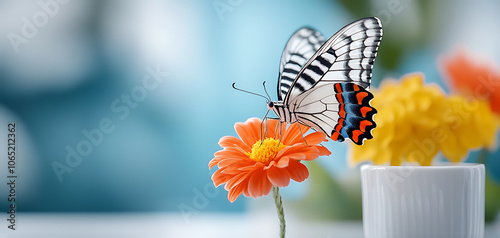 Capture the beauty of a butterfly landing on a flower petal in a colorful macro shot photo