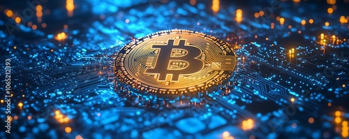 Bitcoin cryptocurrency network abstract, blockchaininspired design, digital connections and nodes, techfuturistic style, deep blue with electric gold accents photo