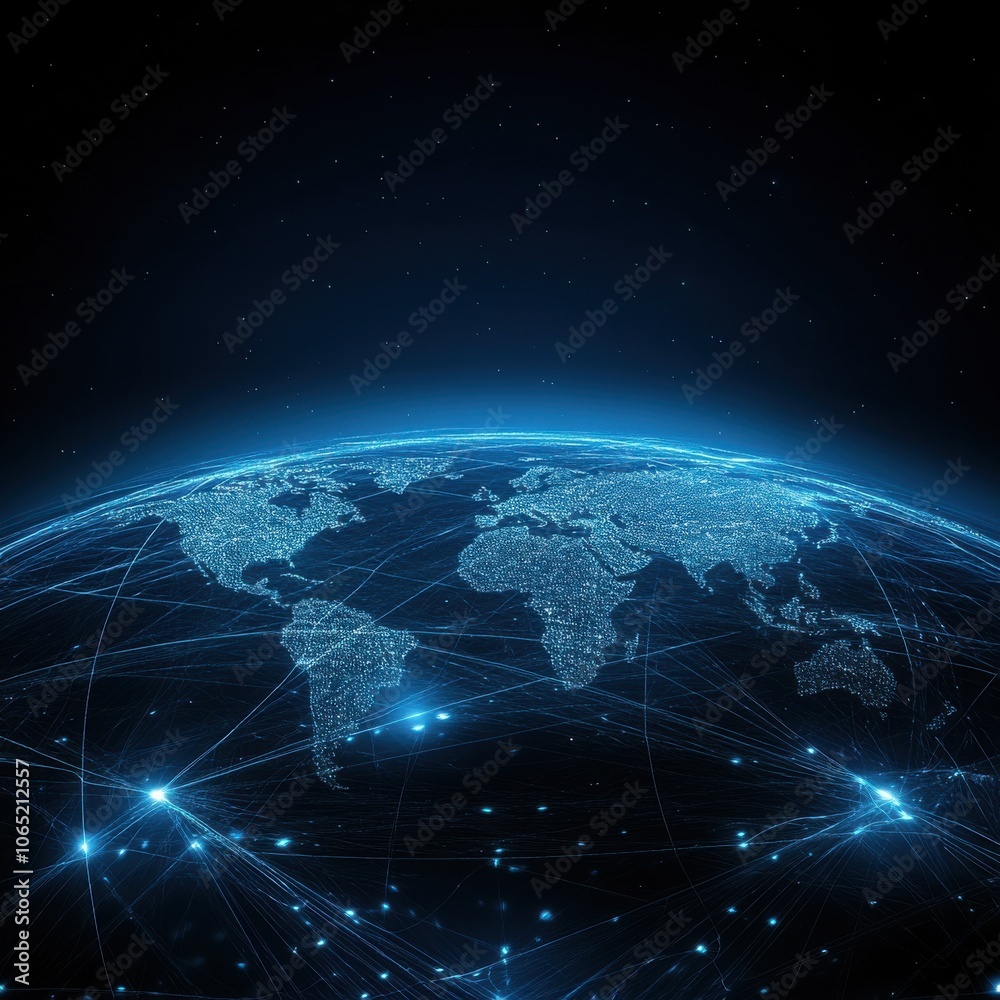 Digital globe with network connections, glowing lines on a dark background, symbolizing global communication. Digital globe with network connections, glowing lines on a dark background, symbolizing global communication.
