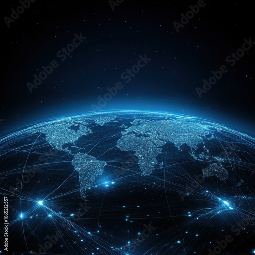 Digital globe with network connections, glowing lines on a dark background, symbolizing global communication.