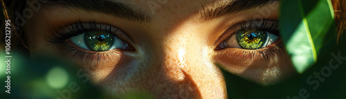 Woman with green leaves, closeup, fresh and natural soft light