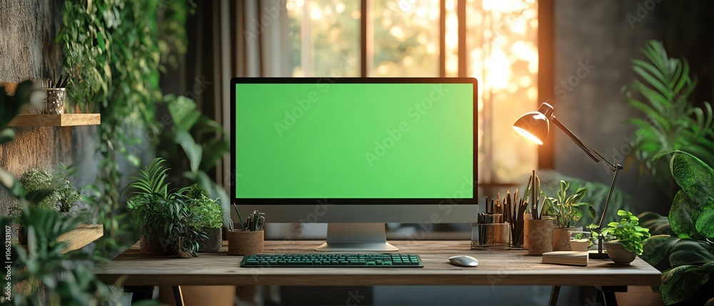 Fototapeta premium Workspace with green screen, home office among plants, serene and productive setting