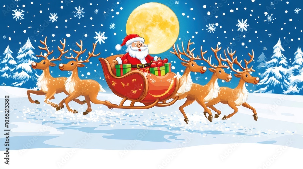Fototapeta premium Santa flying through a snowy night, reindeer carrying him and his sack of gifts under the glowing full moon and starry sky