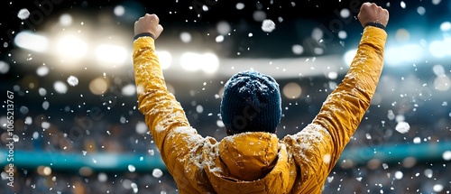 Silhouetted crowd in a snowy stadium passionately celebrating their team s victory with arms raised in the air creating an electric atmosphere of excitement and joy photo