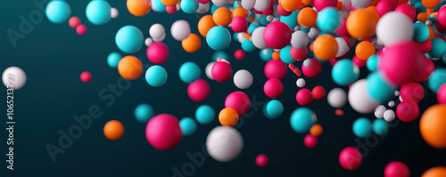 Colorful spheres in motion create dynamic visual effect, showcasing vibrant hues of pink, blue, orange, and white against dark background. This abstract representation evokes sense of energy and