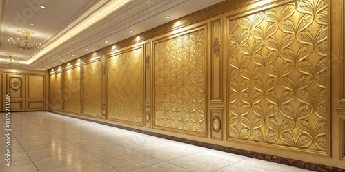 A hallway with ornate gold leaf patterned walls, lit by recessed ceiling lights and a grand chandelier photo