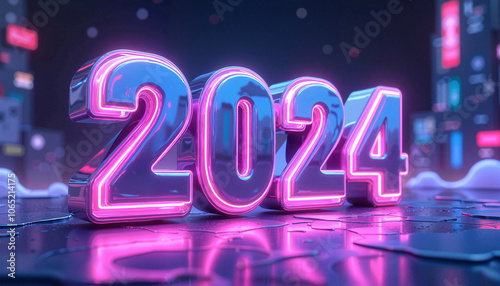 Digital clock displaying futuristic date 2024 in cartoon digital art with bright neon colors
