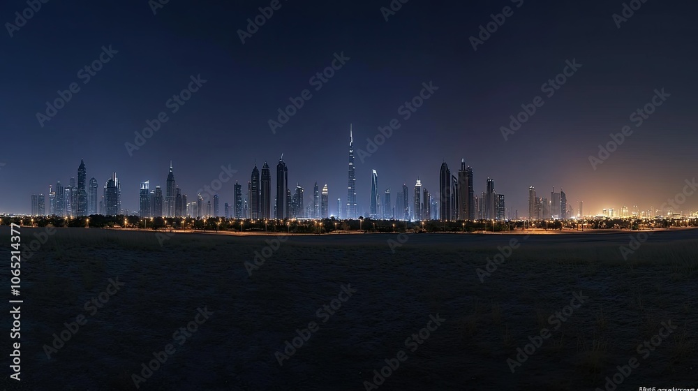 Obraz premium Night view of Dubai skyscrapers along Sheikh Zayed Road, with room for copy.