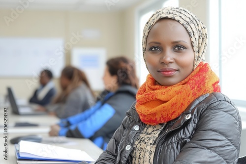 In a warm classroom at a shelter, a happy woman participates in an educational workshop, showing genuine interest while taking notes. Other focused participants engage with the volunteer leading the s photo