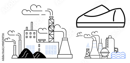 Industrial buildings and factory smoke stacks, coal heaps, and a docked steamer with trailing smoke. Ideal for environment, energy, industry, pollution, transportation, urban planning, manufacturing