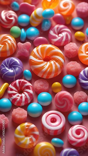 A vibrant assortment of colorful candies with various shapes and patterns, creating a visually appealing and tempting display photo