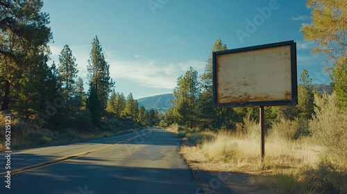 Blank billboard beside a road in a scenic outdoor area, trees and blue sky providing a natural backdrop