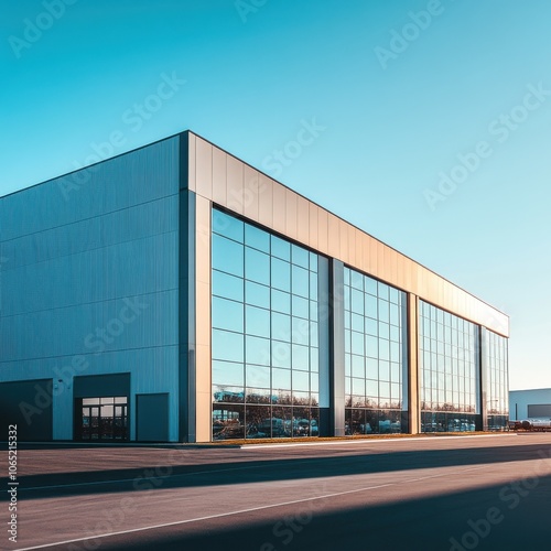 Modern industrial building with large glass windows and clear blue sky.