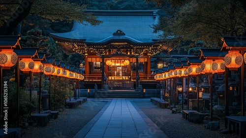 Serene temple illuminated by lanterns, set in tranquil surroundings under twilight sky. photo