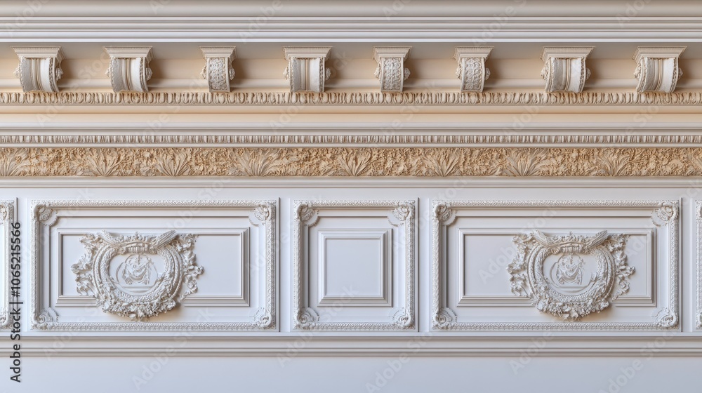Fototapeta premium Ornate trim and moldings on classic building, open area for copy.