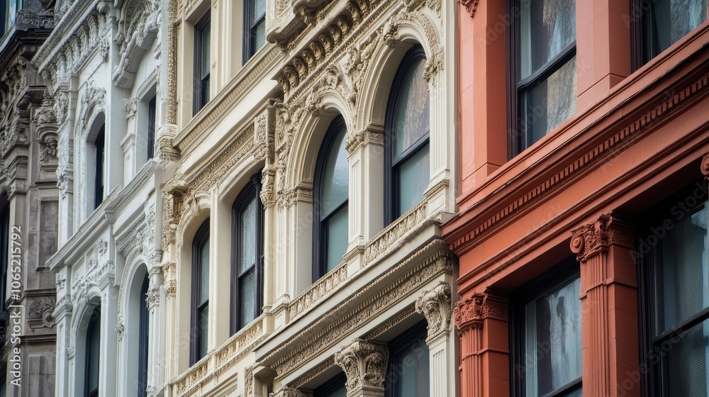 Fototapeta premium Ornate trim and moldings on classic building, open area for copy.