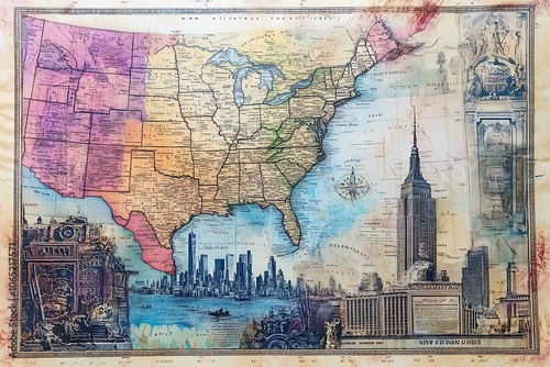 Vintage map of the United States with iconic landmarks and city skylines. photo