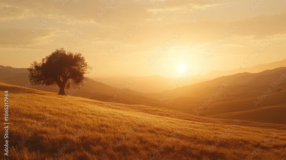 Obraz premium Serene Sunset Over Rolling Hills with Isolated Tree