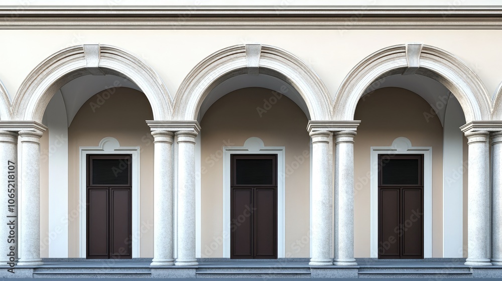 Fototapeta premium Rounded arches and columns on classic building facade, blank area.