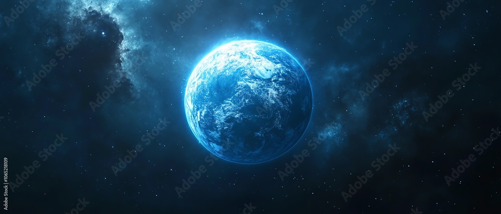 Fototapeta premium Minimalistic blue spherical planet design, featuring orbiting elements, modern space and astronomy theme, clean lines and smooth textures, captivating celestial visuals