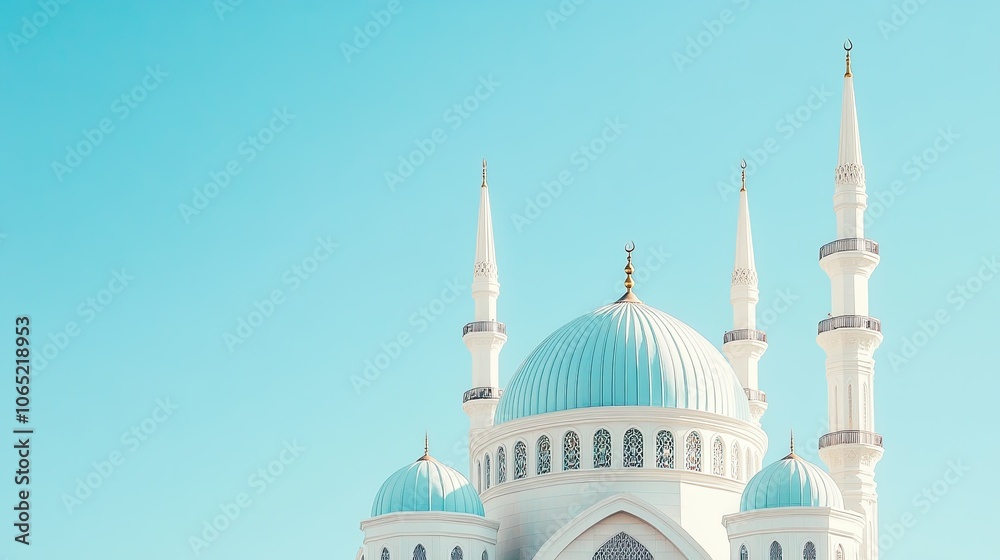 Fototapeta premium Sharjah mosque architecture against clear sky, with ample copy space.