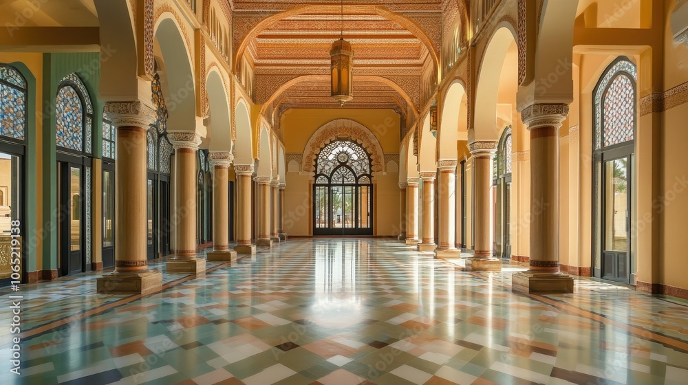 Obraz premium Sharjah museum with traditional Islamic architecture, space for text.