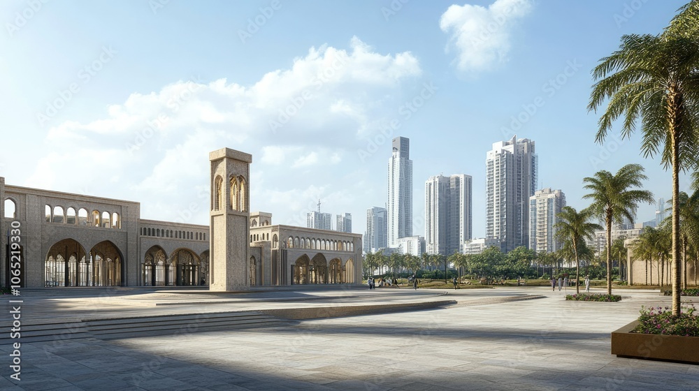 Obraz premium Sharjah's heritage architecture against modern buildings, open space for copy.