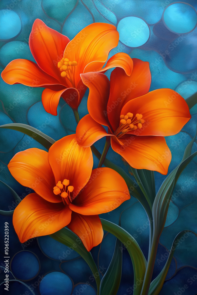 Fototapeta premium Bright orange lilies contrast with a deep blue background in a floral display
