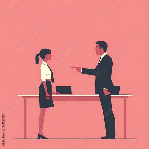 A simple flat design illustration of a manager intimidating an employee by pointing a finger at them, highlighting power dynamics and harassment in the workplace. 8k UHD, suitable for high-quality 