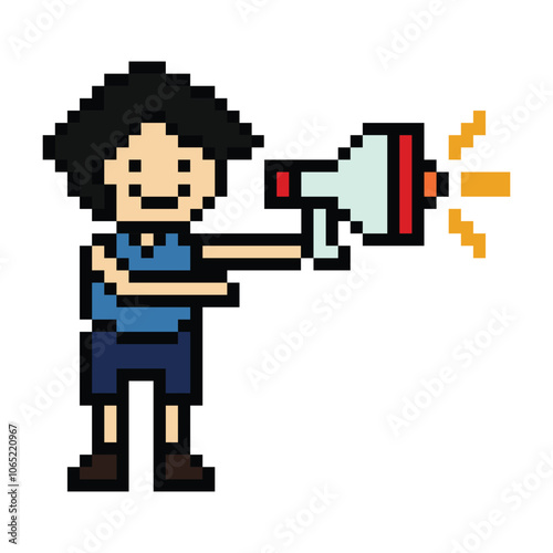 Cute pixel cartoon character man with megaphone announcement speaker information announce decoration 8 bit male boy megaphone cartoon pixel game png vector.
