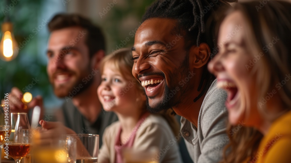 Fototapeta premium Four friends share laughter and happiness during a dinner party in a warm, inviting atmosphere. They are seated at a table adorned with glasses and a warm glow from the lighting, creating a memorable 