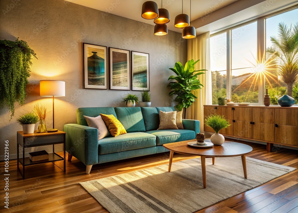 Fototapeta premium Stylish Home Living Room Interior with Couch and Sideboard - AI Photo