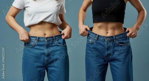 Two women stand side by side, clearly demonstrating how differently jeans fit their bodies. One wears a cropped black top, while the other sports a white t shirt. The backdrop is a solid color, highli photo