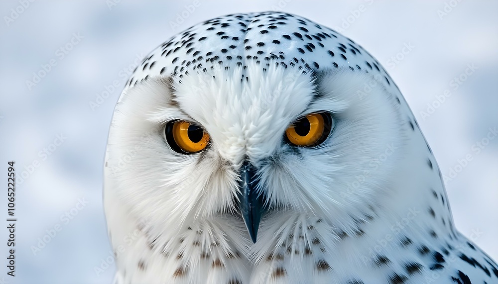 Obraz premium Close-up of female snowy owl with striking yellow eyes set against a snowy scene