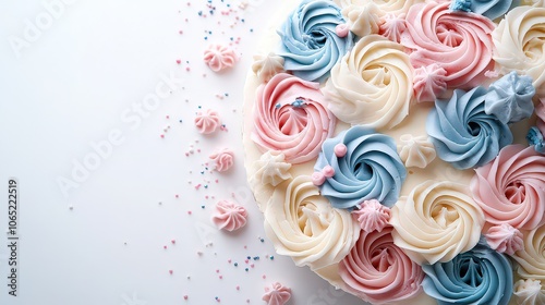  Colorful swirled cake decorated with pastel frosting and sprinkles, creating a festive and celebratory dessert ideal for birthdays or special occasions.