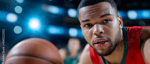 Professional basketball player in red jersey passing the ball with precision and focus on team strategy and coordinated gameplay during an intense competition or training session photo