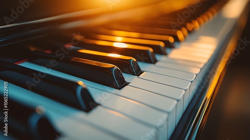 Close-up of polished ebony and ivory piano keys with bright, dramatic lighting, high contrast, glossy reflections, capturing elegant musical details in macro photography.