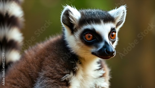 Close-up of ring-tailed lemur with large eyes and distinctive tail, showcasing its unique traits