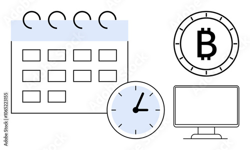 Calendar, clock, Bitcoin symbol, and computer monitor illustrating business scheduling, time management, and digital economy. Ideal for business, finance, technology, scheduling cryptocurrency