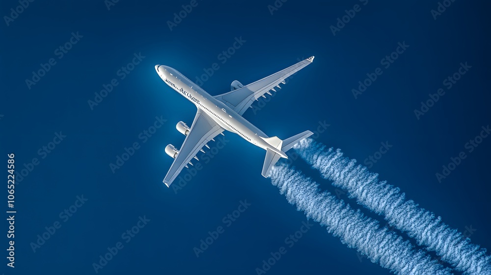 Obraz premium Commercial airplane flying against a bright blue sky with white fluffy clouds, captured from below on a clear summer day, showcasing jet silhouette and aerial travel concept.