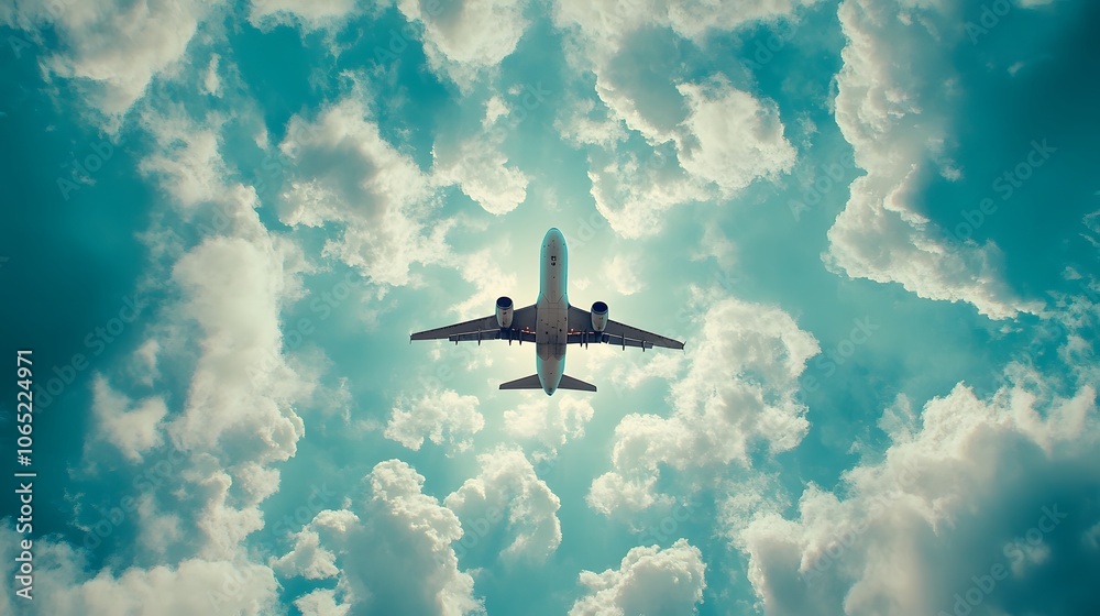 Commercial airplane flying against a bright blue sky with white fluffy clouds, captured from below on a clear summer day, showcasing jet silhouette and aerial travel concept. Commercial airplane flying against a bright blue sky with white fluffy clouds, captured from below on a clear summer day, showcasing jet silhouette and aerial travel concept.