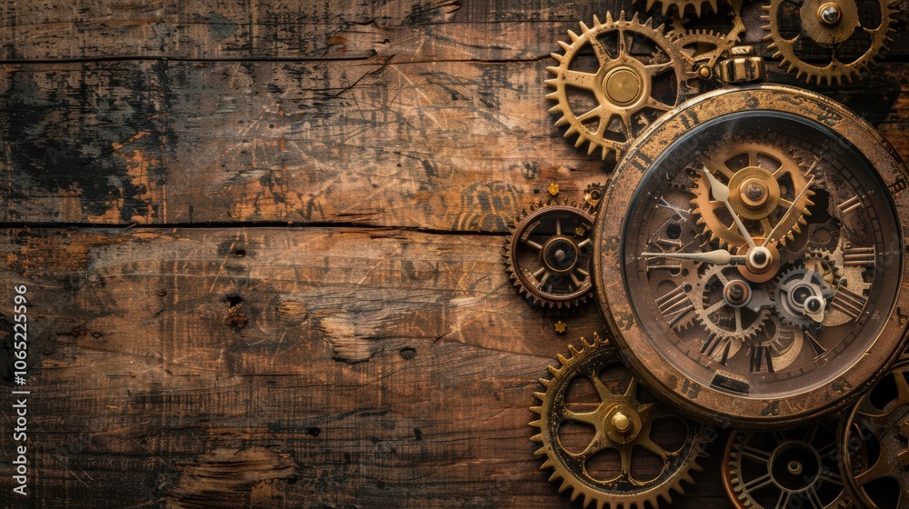 Naklejka premium Vintage clock with gears and cogs, symbolizing the integration of technology and time concept 
