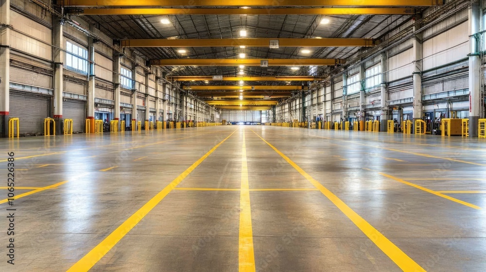 Fototapeta premium Spacious Industrial Warehouse with Bright Yellow Lines